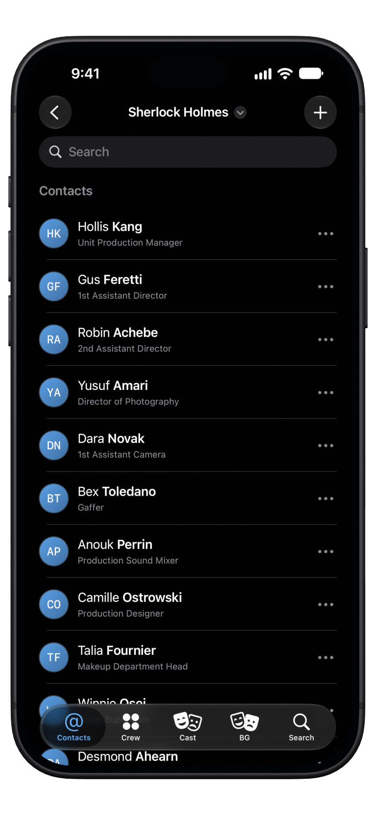 Cast & Crew Lists running on a matte-black iPhone