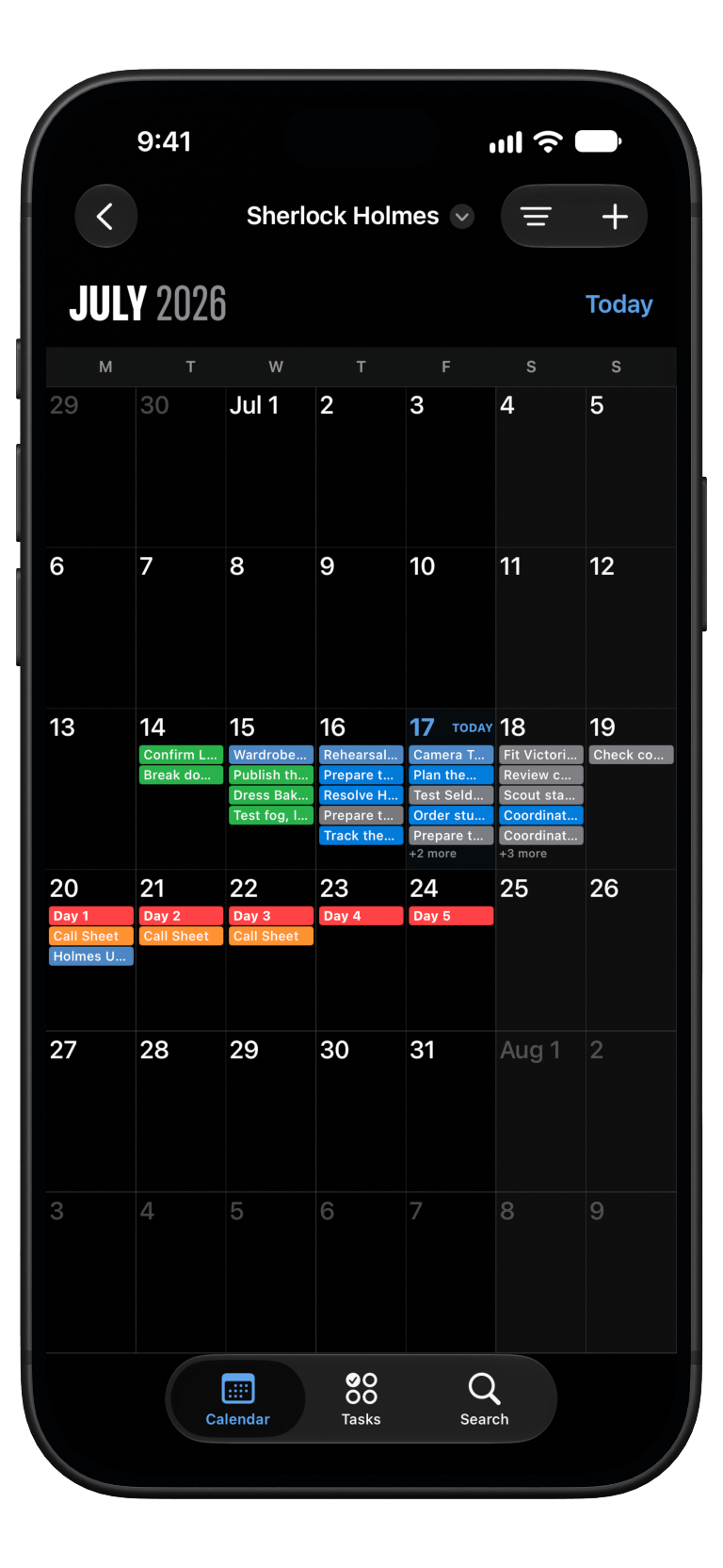 Production Calendars running on a matte-black iPhone