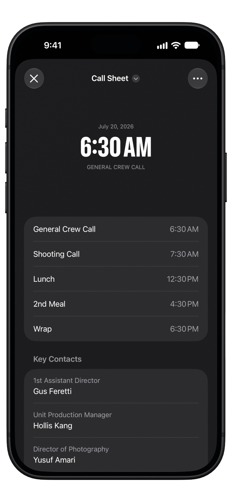 Production Call Sheets running on a matte-black iPhone