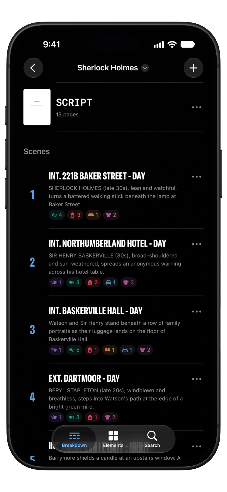 Script Breakdowns running on a matte-black iPhone