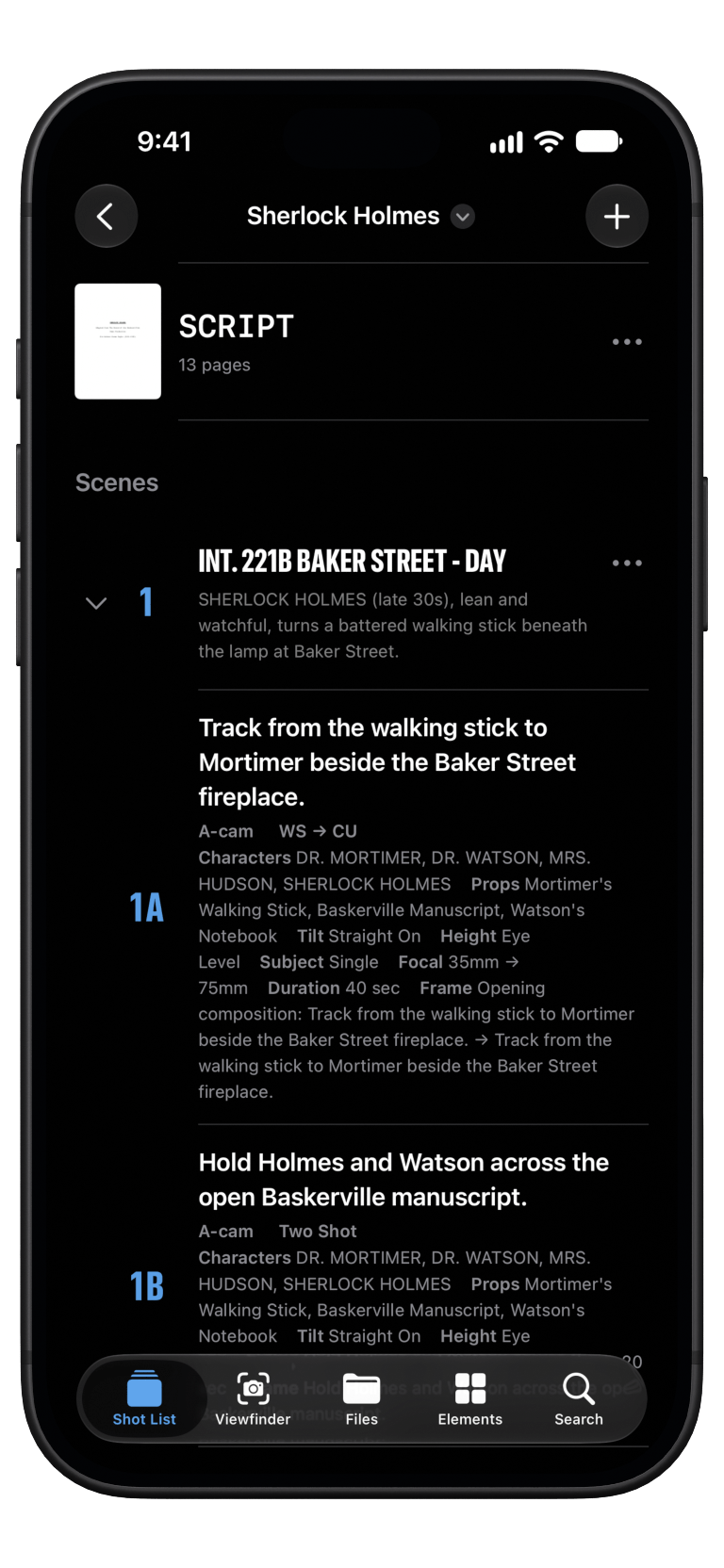 Shot Lists running on a matte-black iPhone