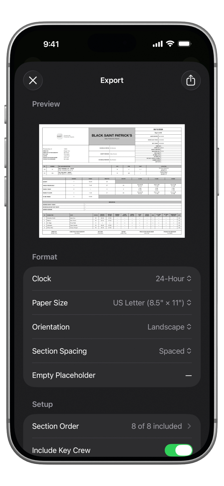 Production Reports running on a silver iPhone