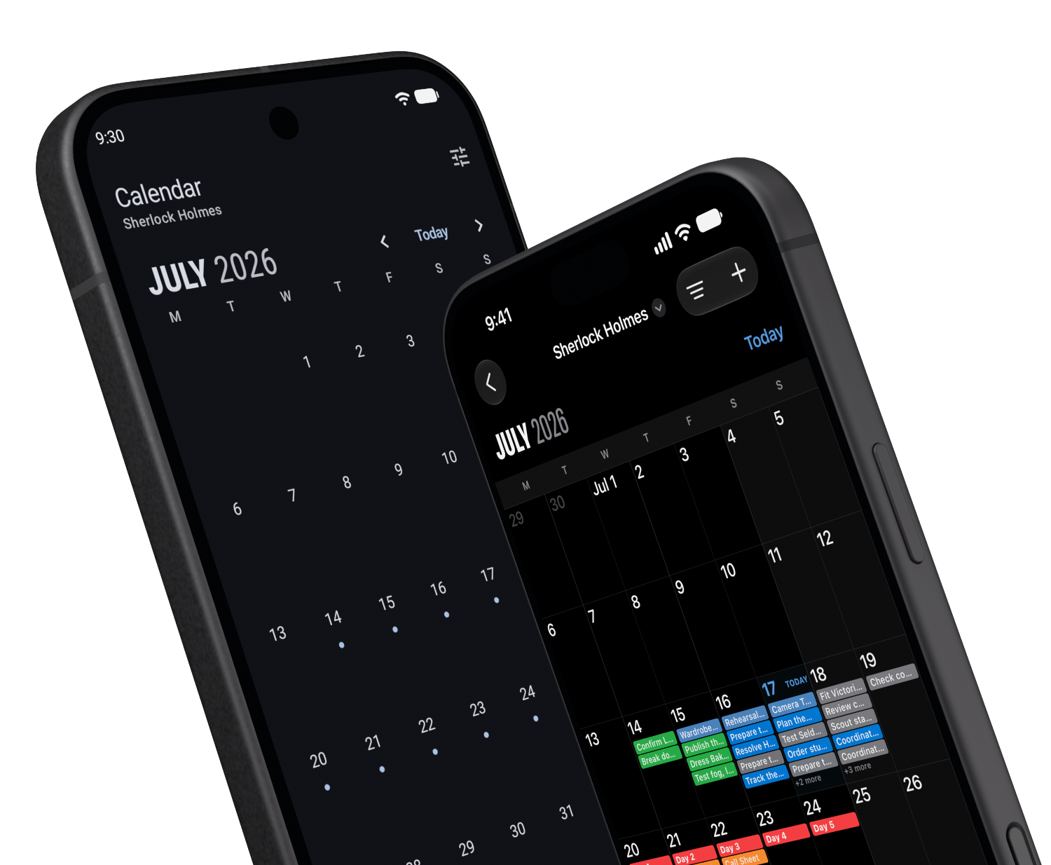 Production Calendars on an angled iPhone in front of a Google Pixel 10, with both app screens visible