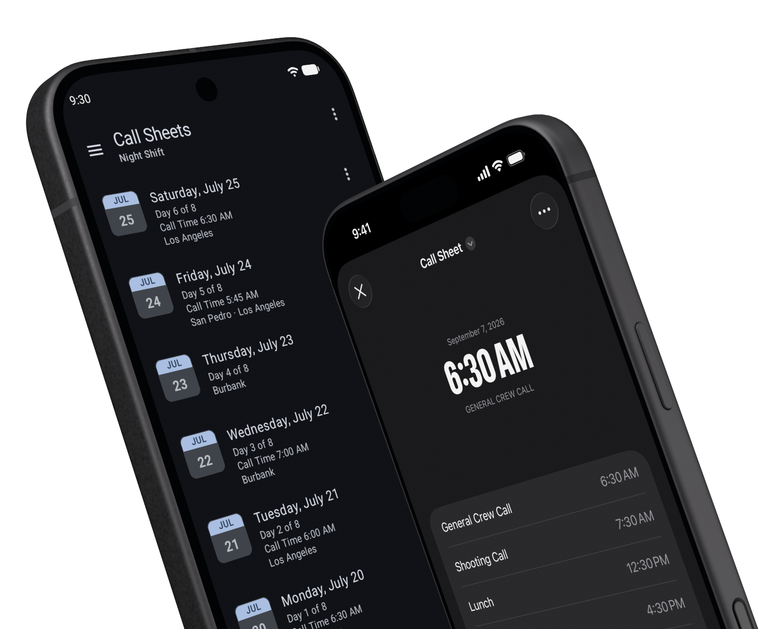 Production Call Sheets on an angled iPhone in front of a Google Pixel 10, with both app screens visible