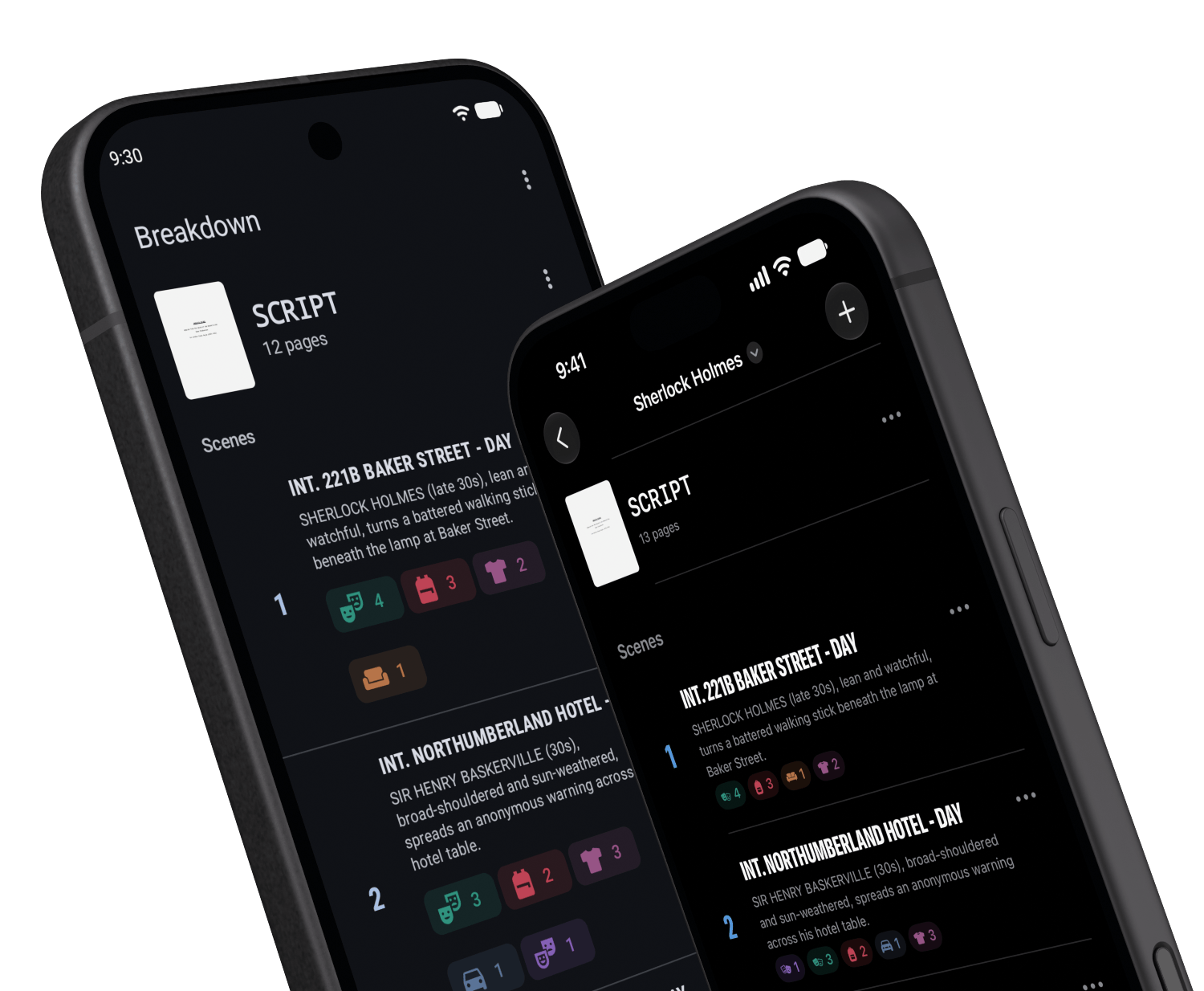 Script Breakdowns on an angled iPhone in front of a Google Pixel 10, with both app screens visible
