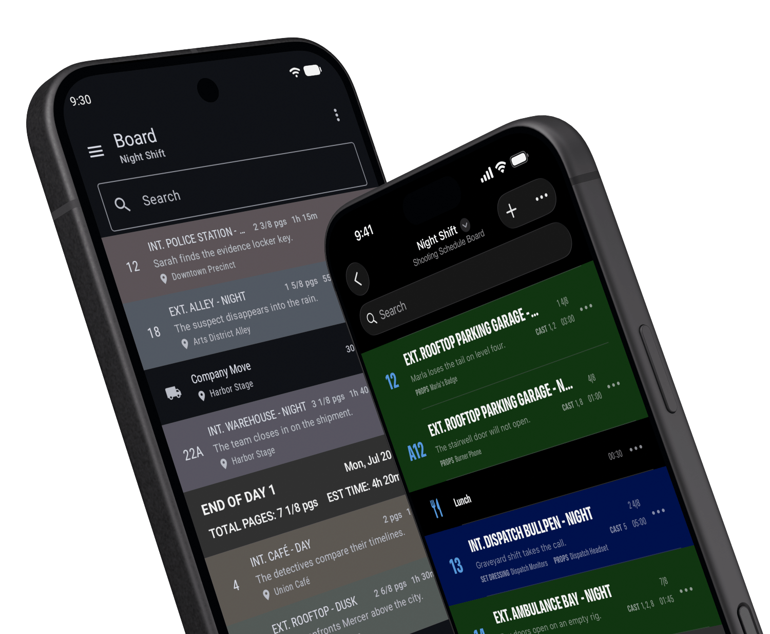 Shooting Schedules on an angled iPhone in front of a Google Pixel 10, with both app screens visible