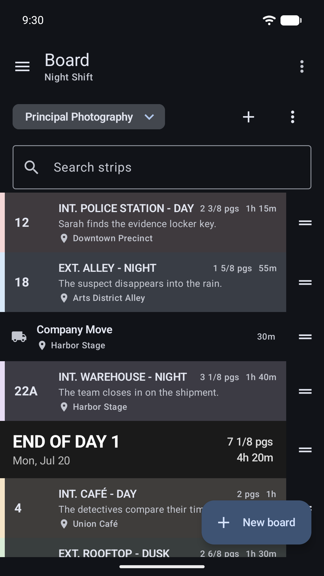 Shooting Schedules showing the Night Shift stripboard