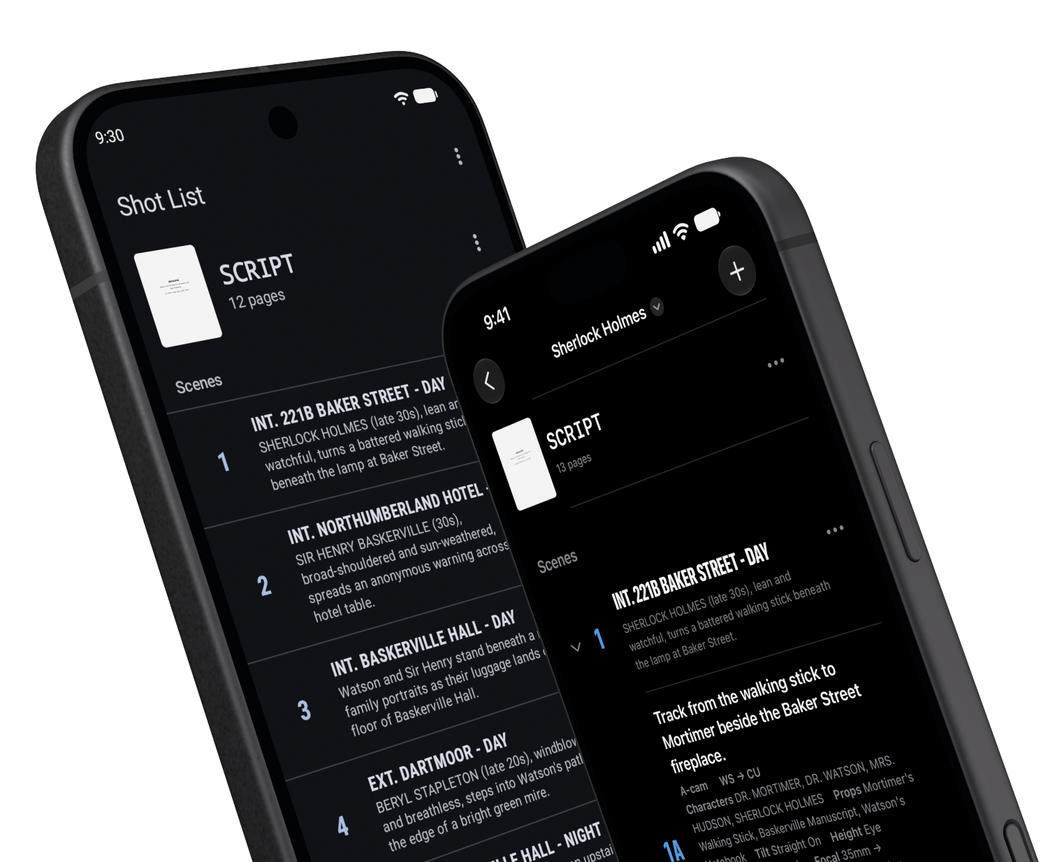 Shot Lists on an angled iPhone in front of a Google Pixel 10, with both app screens visible
